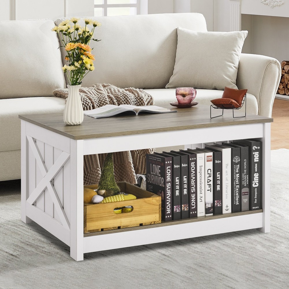 31.5" Farmhouse Coffee Table Square Coffee Table Open Storage Compartment