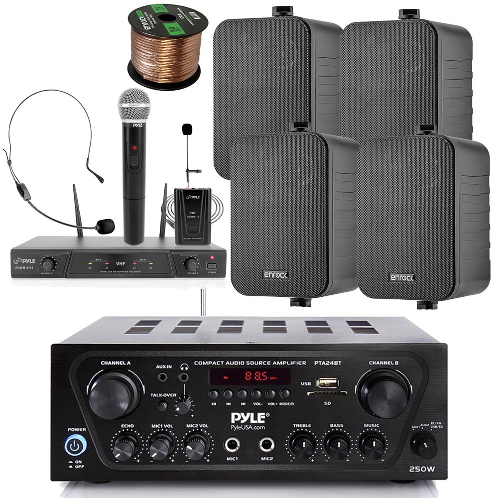 Pyle Bluetooth Stereo Receiver, 4x 4" Speaker, Wireless Microphone System, Wire