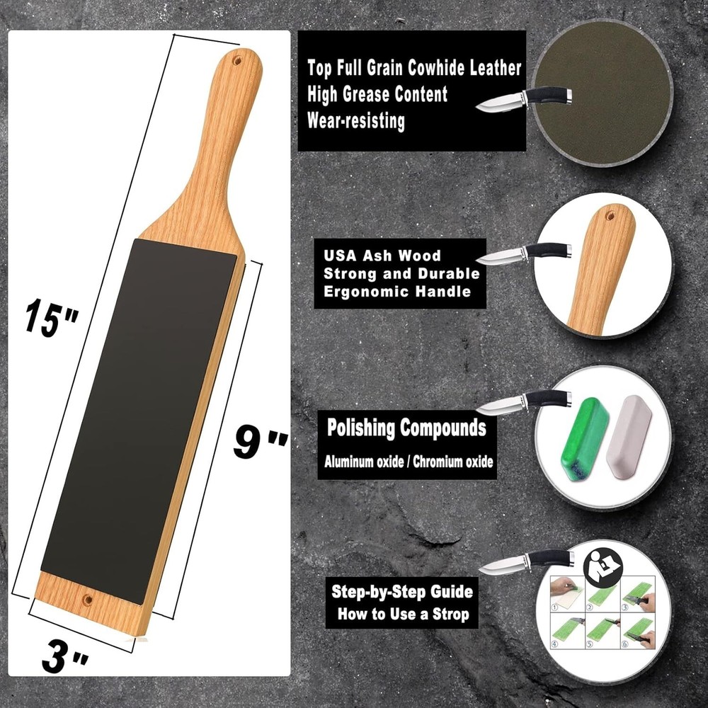 Leather Strop Paddle 3" by 15" with Compound, Large Double-Sided Knife Sharpener