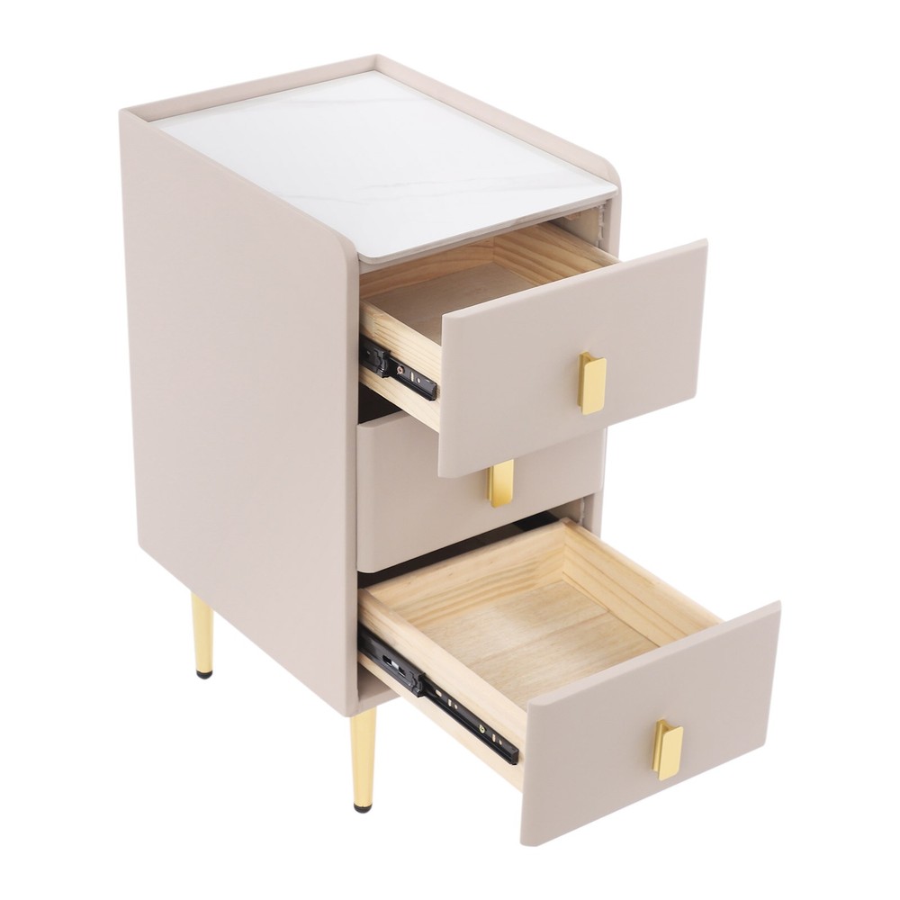 Modern Bedside Table - 3 Drawers, Solid Wood & Leather, Khaki & Gold Finish