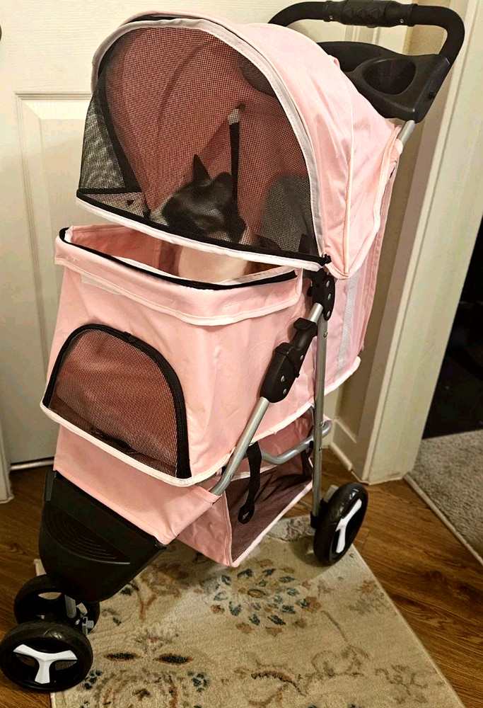 Sturdy 3 Wheel Foldable Cat or Small Dog Stroller - Pink