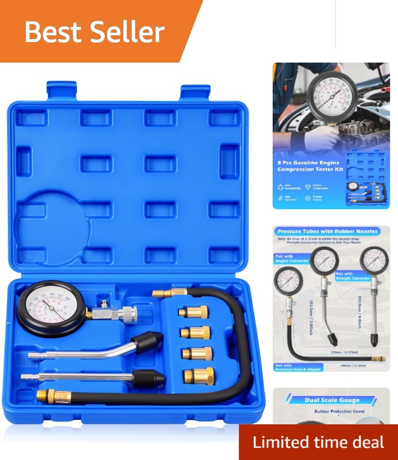 Portable Engine Compression Tester with Dual Color Gauge & Multiple Adapters