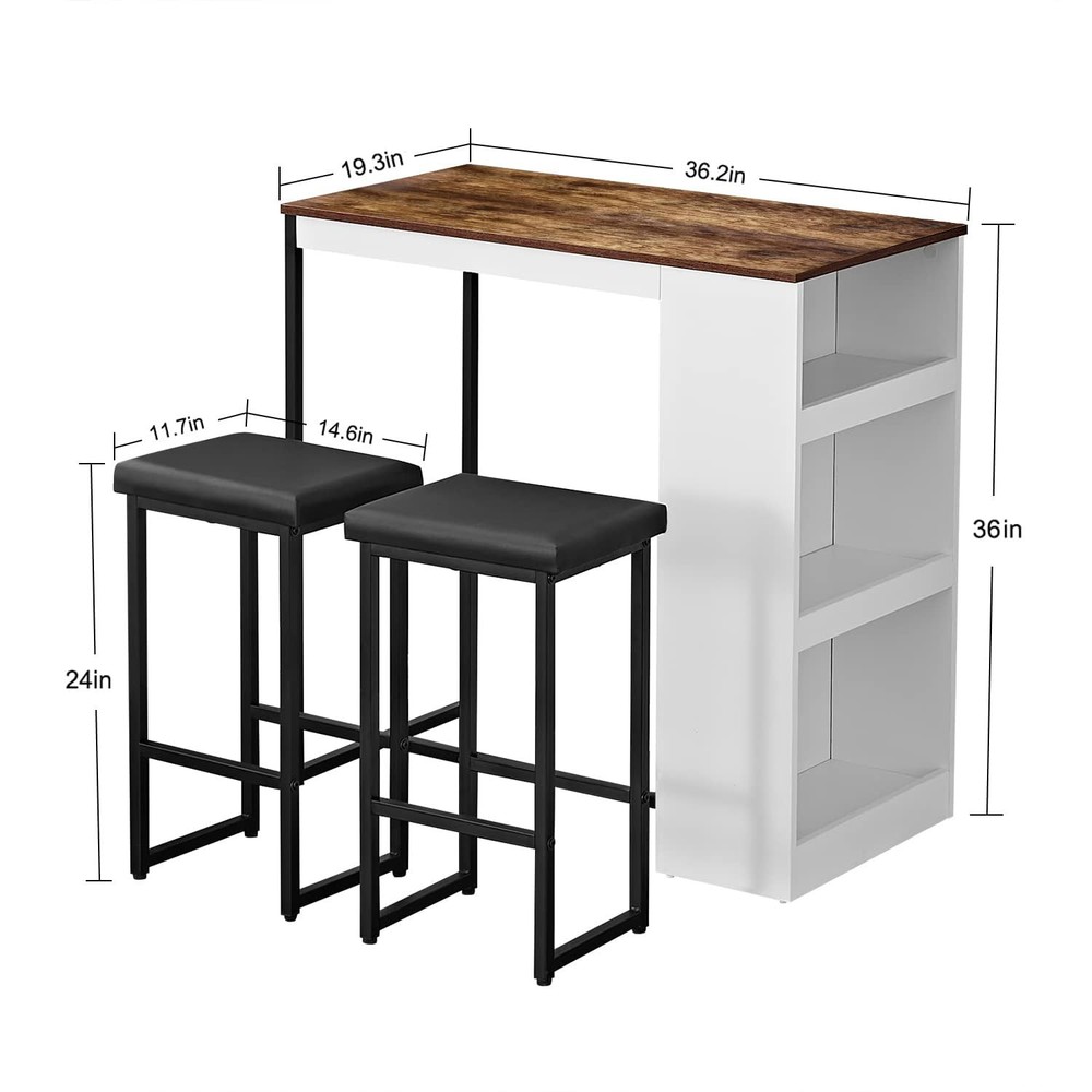 3 Piece Dining Table Set Kitchen Bar Table with Two Stool Storage Shelves Woo...