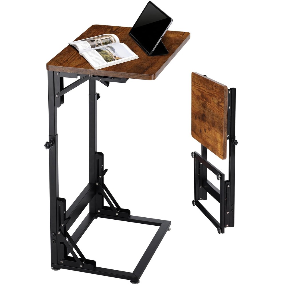 Folding Side Table, Adjustable C-Shaped End Table for Couch, Metal Frame TV T...