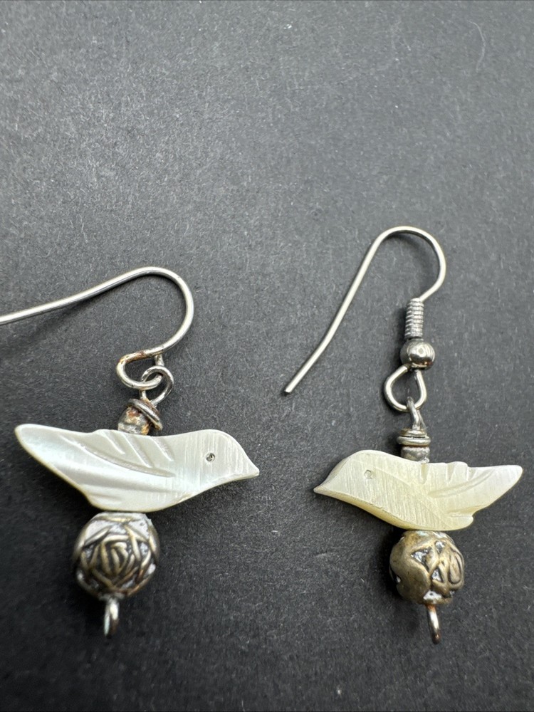 Native Inspired Dangle Drop MOP Bird 1” Earrings Silver Tone