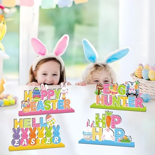 4Pcs Easter Decorations Wooden Table Centerpiece Happy Easter Table