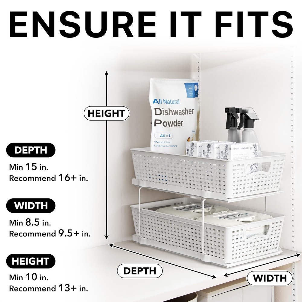 2 Tier Bathroom Organizer Tray Pull-Out Sliding Drawer, Under Sink Storage, W...