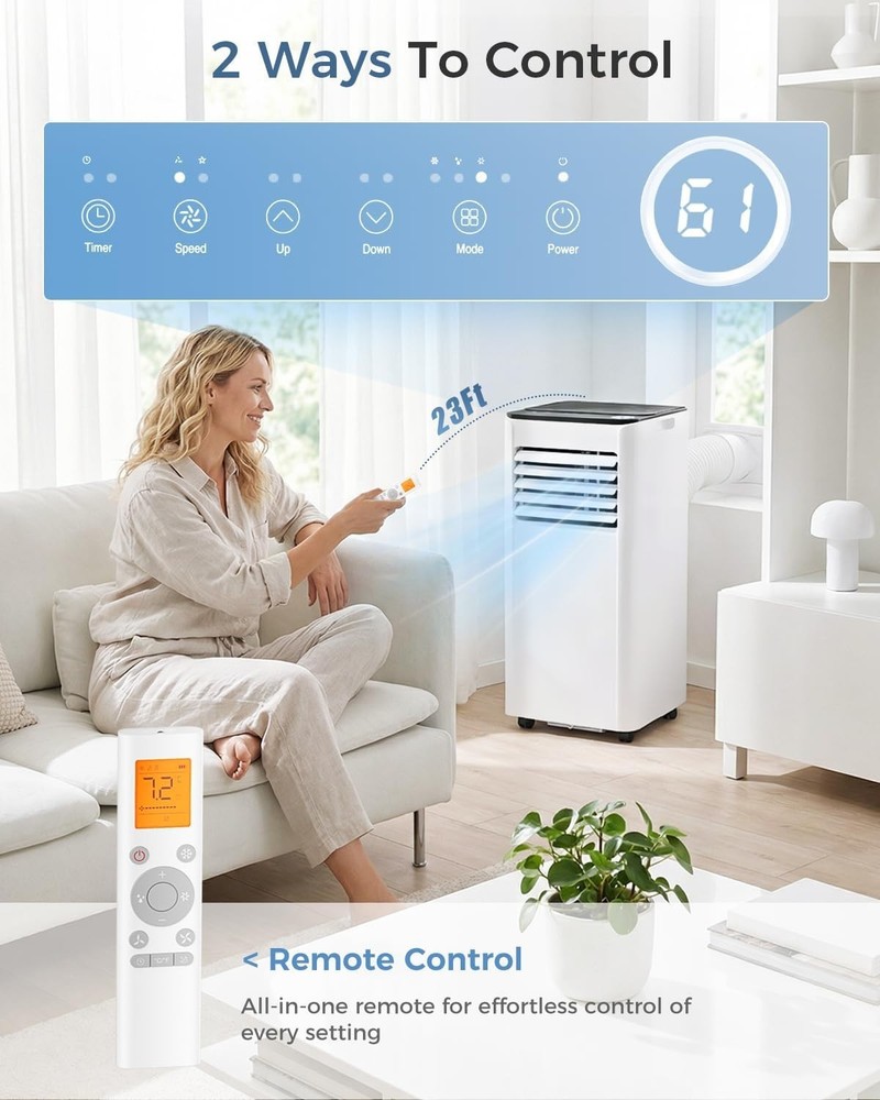8,000 BTU Portable AC 3-in-1 Unit with Remote for Rooms Up to 350 Sq Ft
