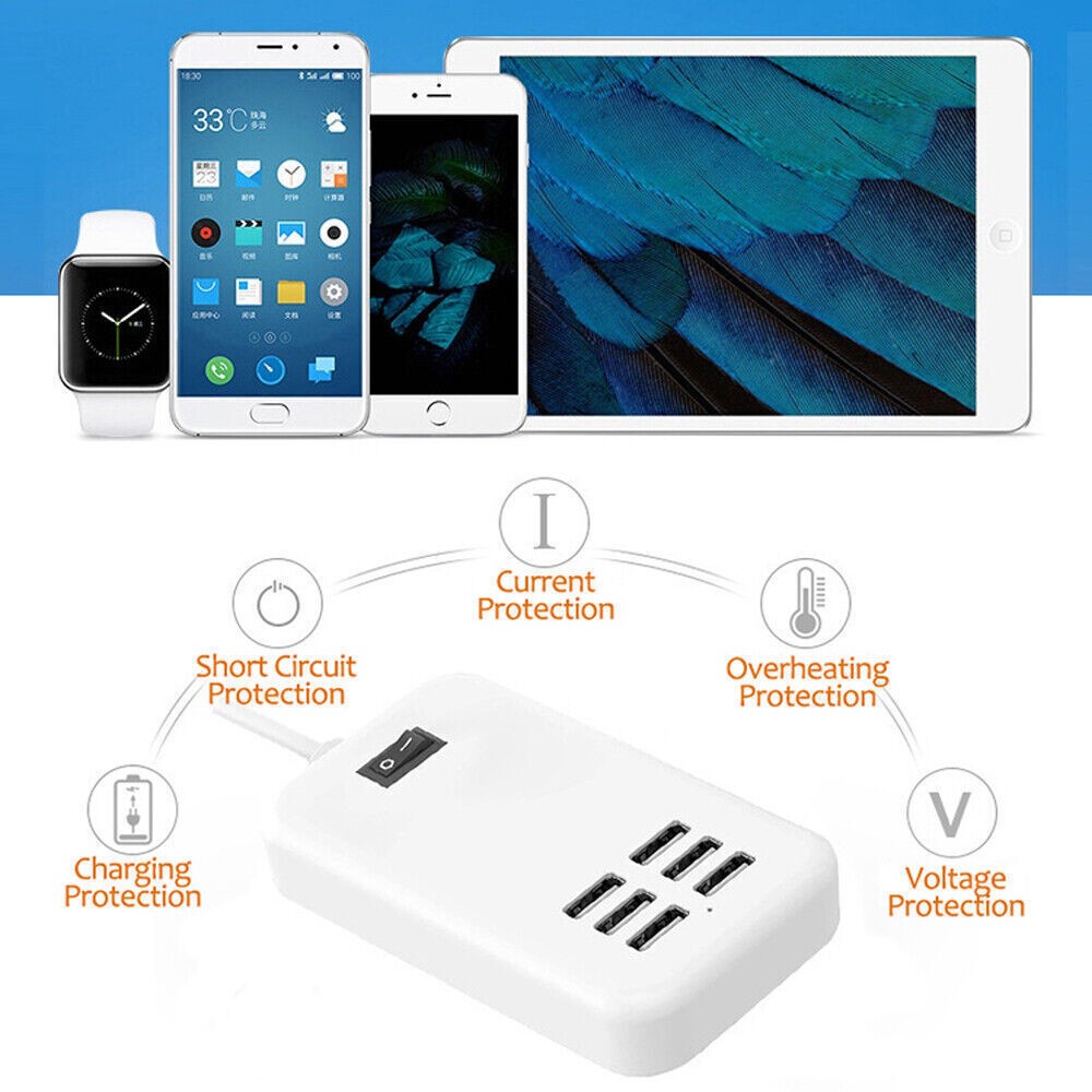6 Port USB Hub Fast Wall Charger Station Multi-Function Desktop AC Power Adapter