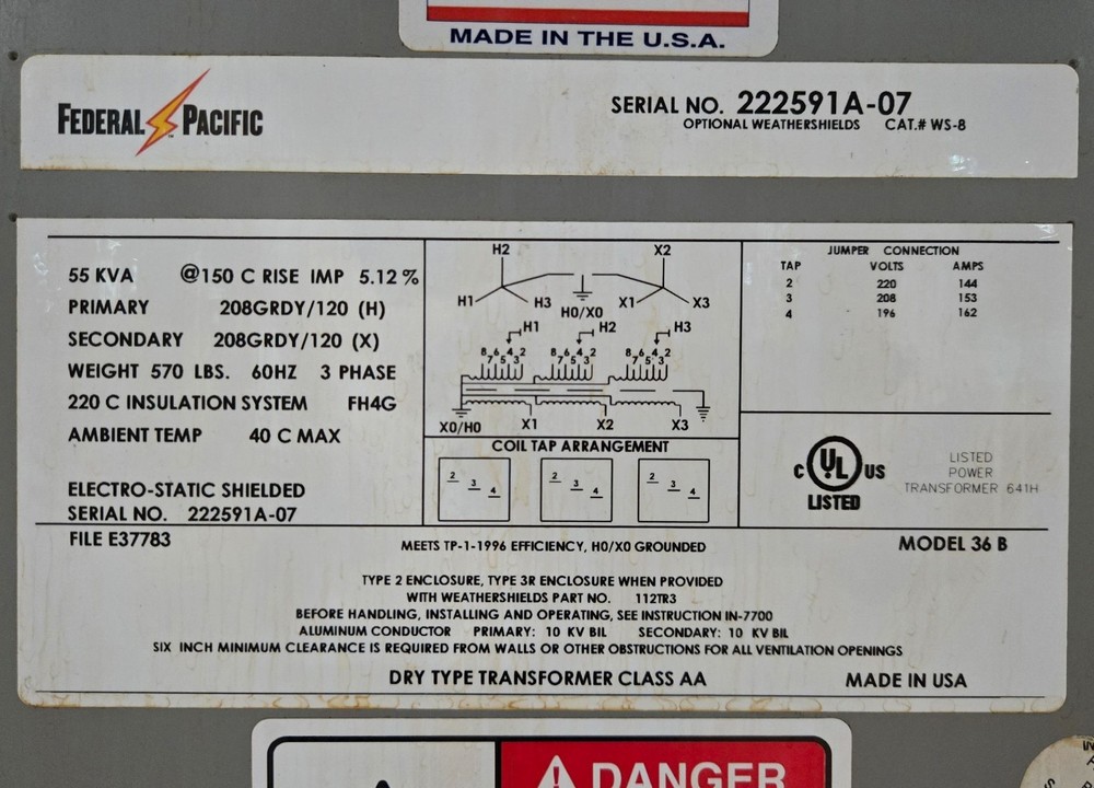 FEDERAL PACIFIC WS-8 55KVA 208V TRANSFORMER USED
