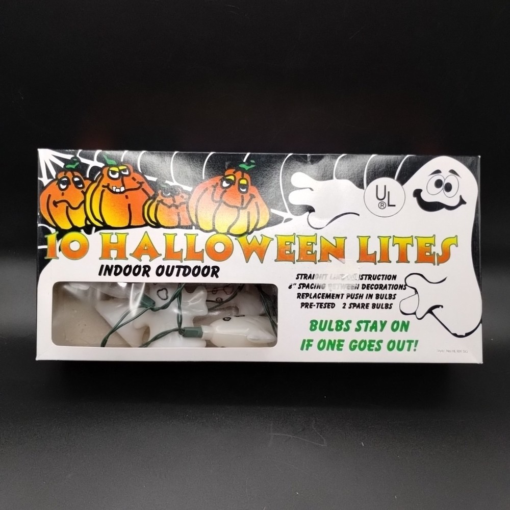 Vtg Halloween Plastic Ghosts String Light Set With Box Double Sided