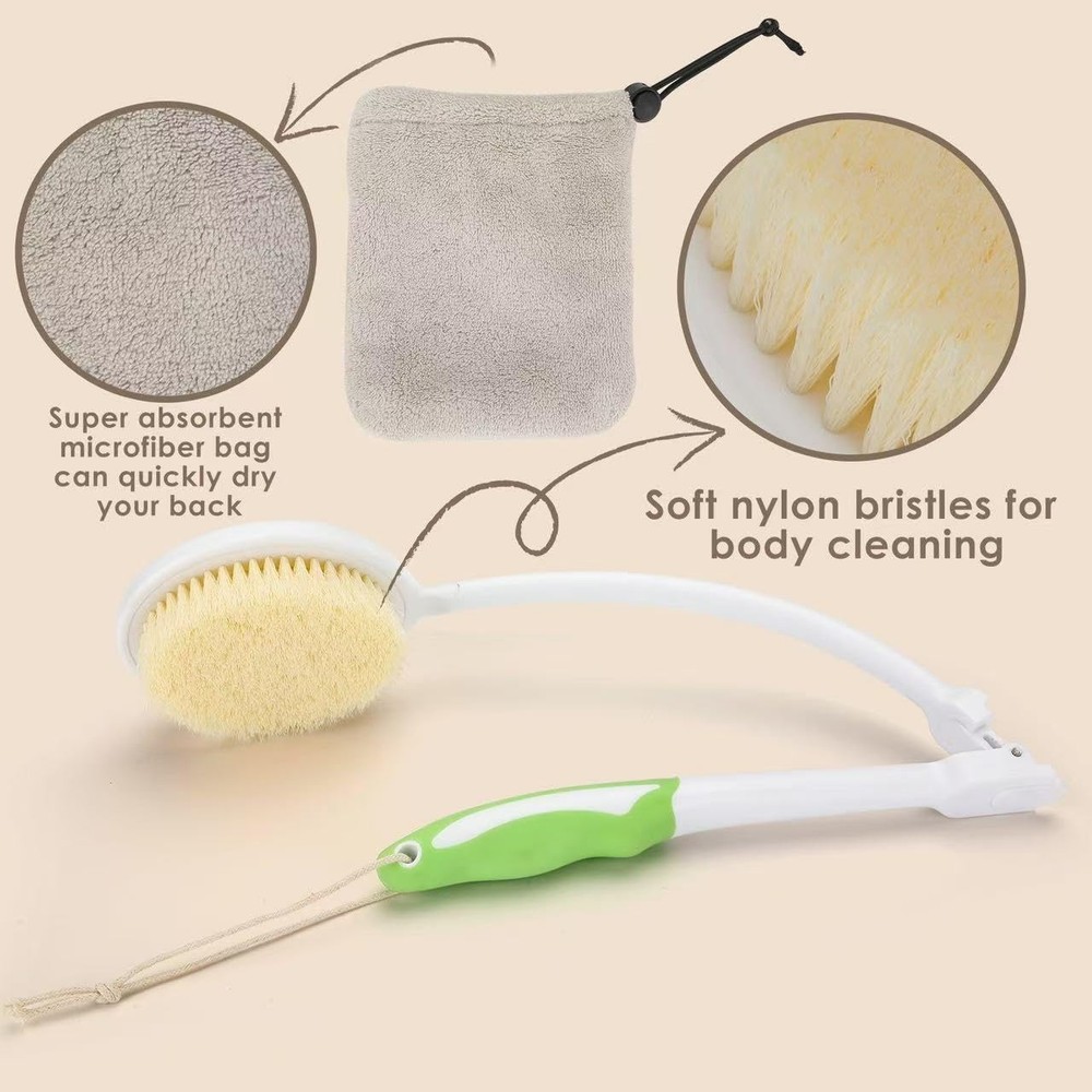 Back Scrubber Bath Brush for Shower Curved Long Handle, Foldable White