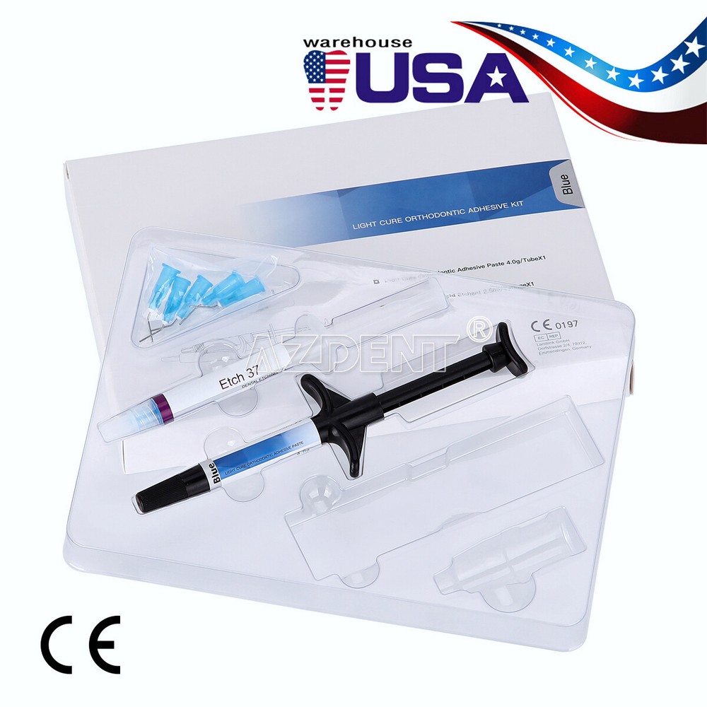 Dental Light Cure Orthodontic Braces Adhesive Paste Acid Etchant Kit Blue 5 Tips