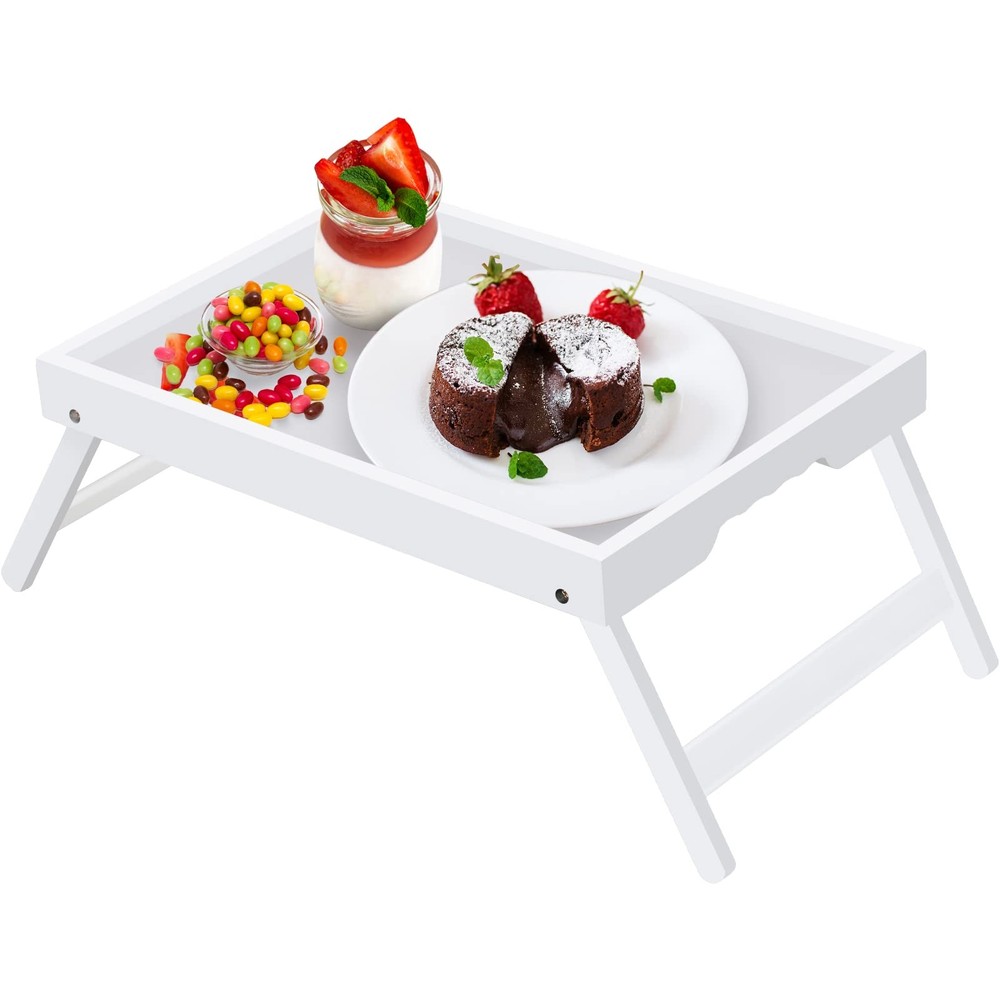 Artmeer Bed Tray Table with Folding Legs,Bamboo Breakfast in Medium, White