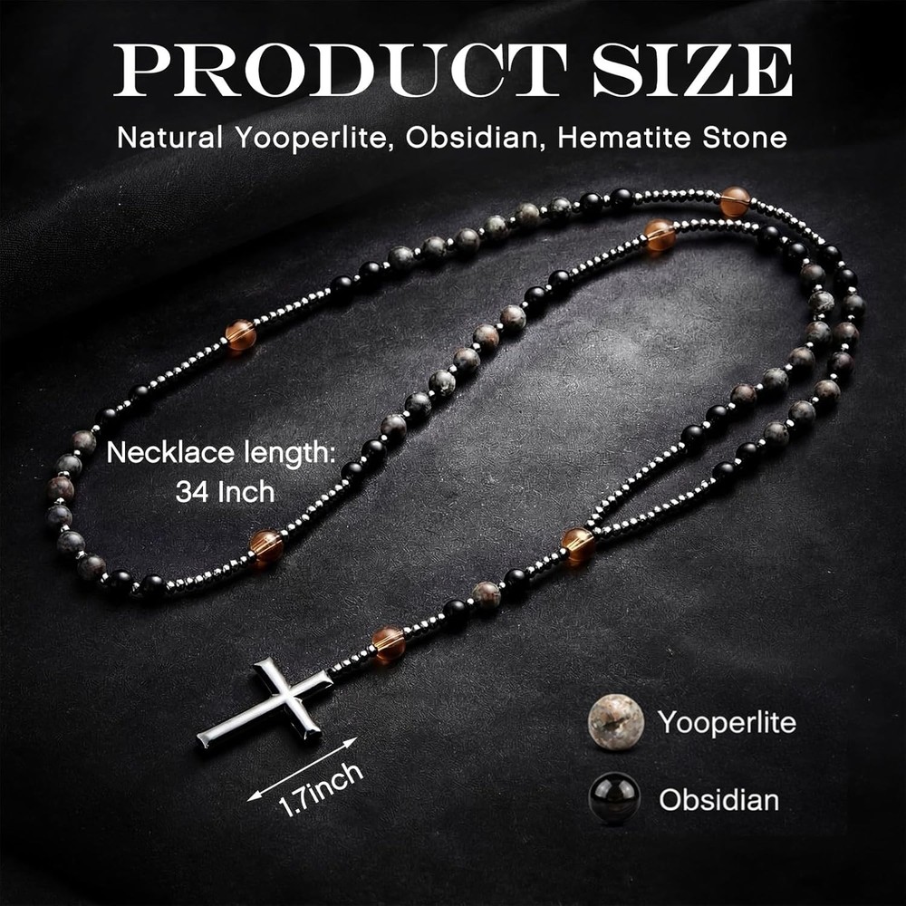 Yooperlite Stone Rosary Necklace UV Glow Hematite Beads Obsidian Cross Gift