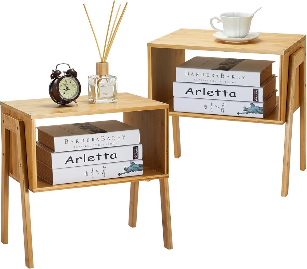 Set of 2 Bamboo Stackable Bedside Table, Night Stands with Storage Shelf