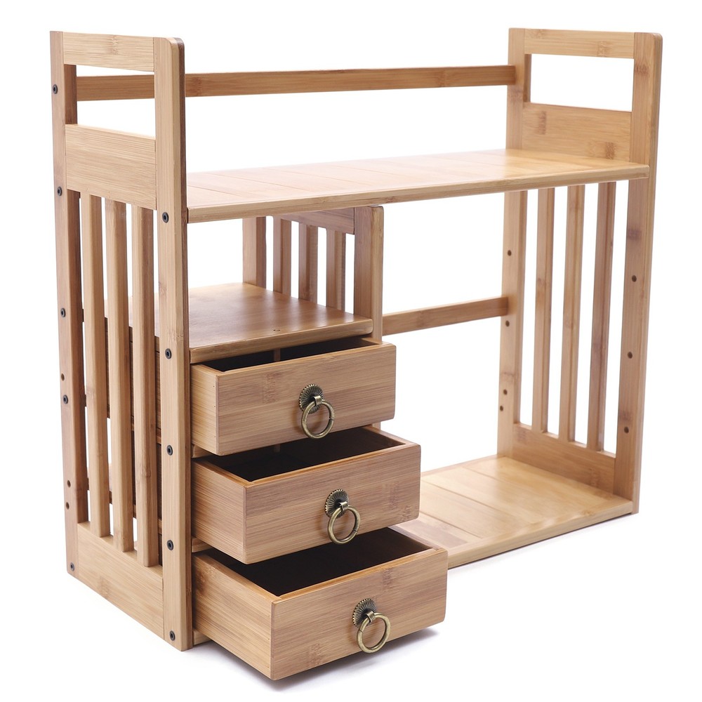 Bamboo Desktop Bookshelf Organizer, Adjustable Office Desk Storage Shelf Rack
