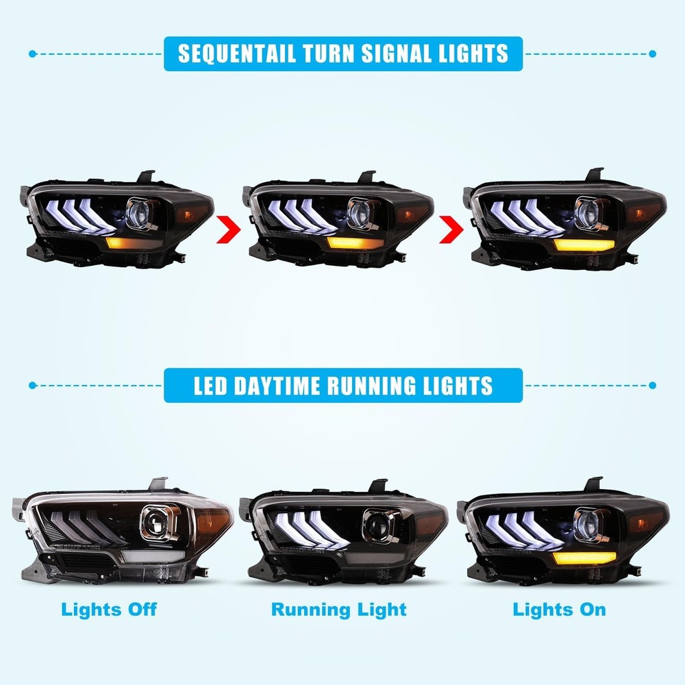 LED 车头灯适用于 2016 - 2023 塔科马 SR5 TRD 运动顺序 DRL 光面黑色