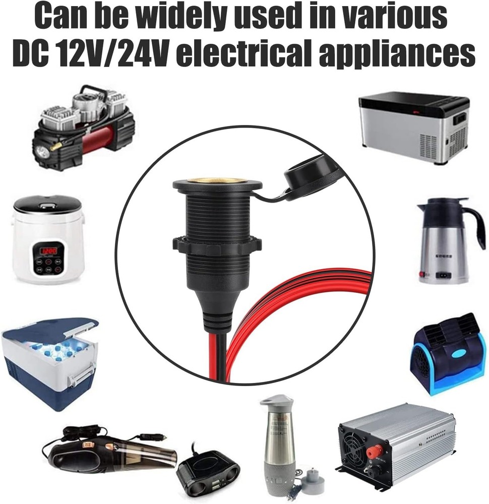 2pcs 1FT 12V/24V Fixed Thread Cigarette Lighter Socket Extension Cable Automo...