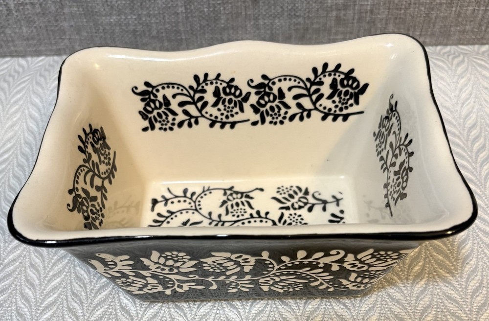 Black White Paisley Floral Vines Rectangular Stoneware Baker Set 4 Oven Safe