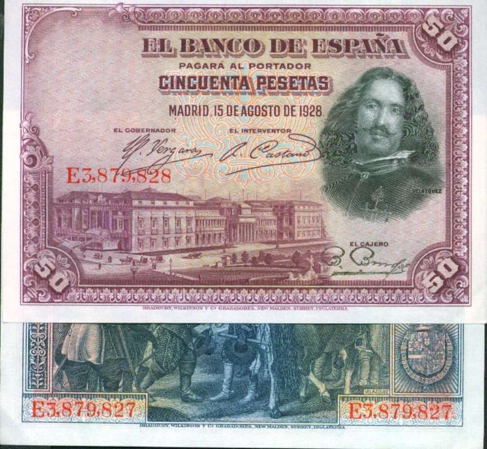 SPAIN 50 ptas 1928. UNC-GEM AND CRISPY NOTE. FROM CONSECUTIVE BUNDLE.