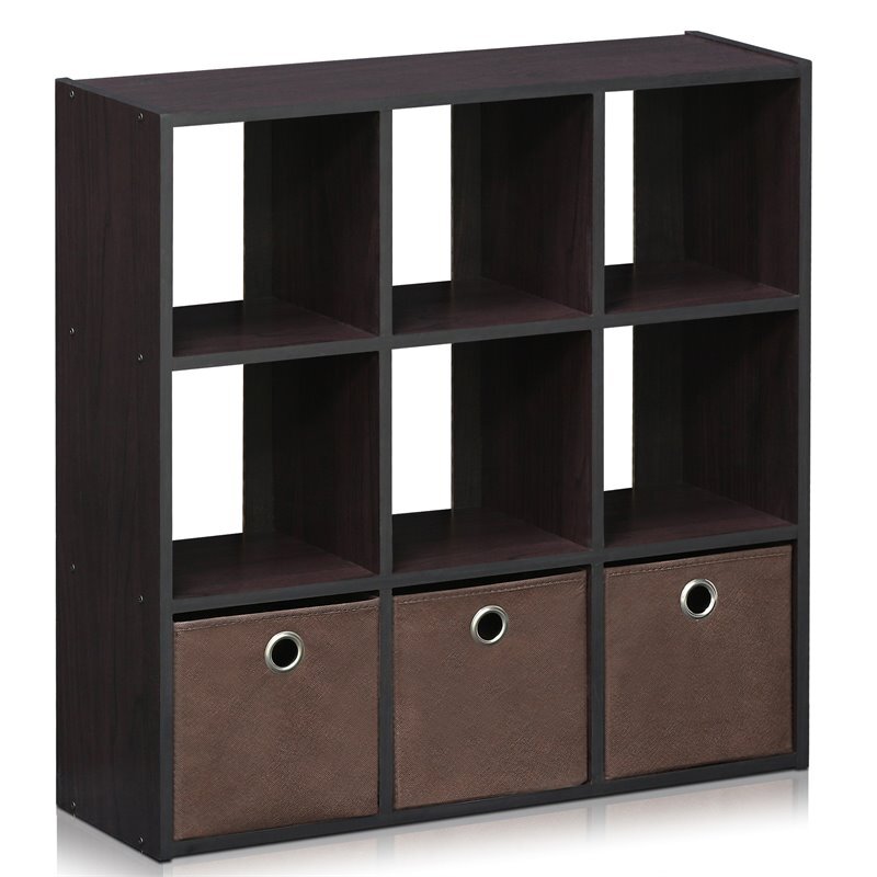 Furinno Engineered Wood Simplistic 9-Cube Organizer with Bins in Dark Walnut