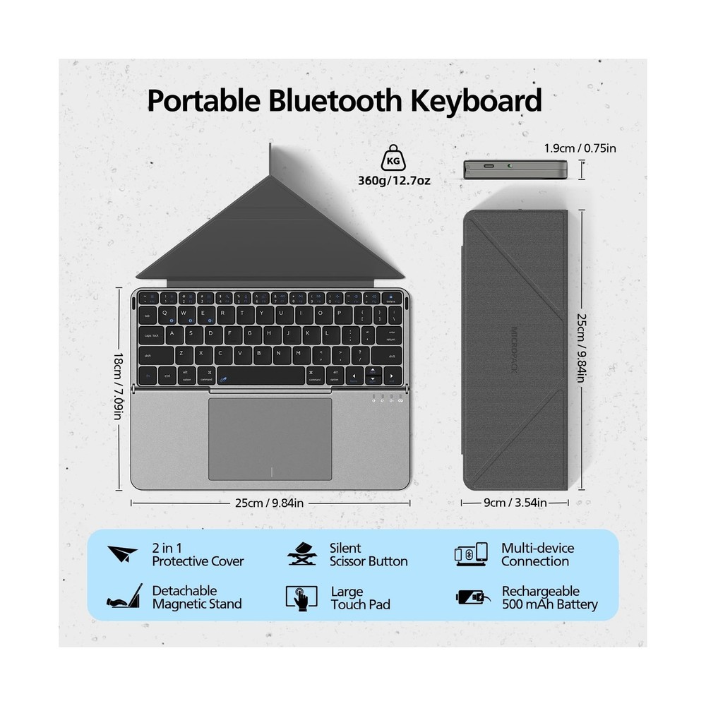 MicroPack Foldable Bluetooth Keyboard with Touchpad & Stand for iPad/iPhone/M...
