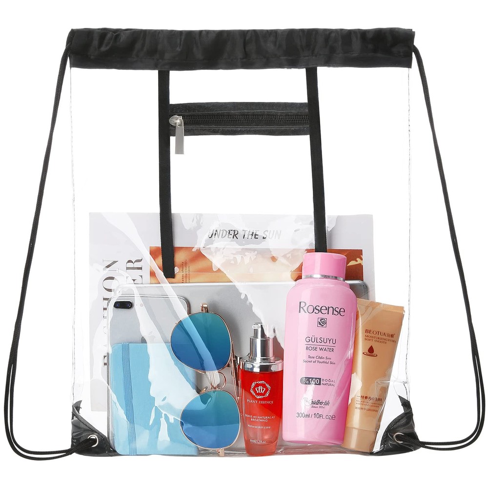 2 PACK Clear Drawstring Bag Stadium Approved, See Through PVC One Size, Black