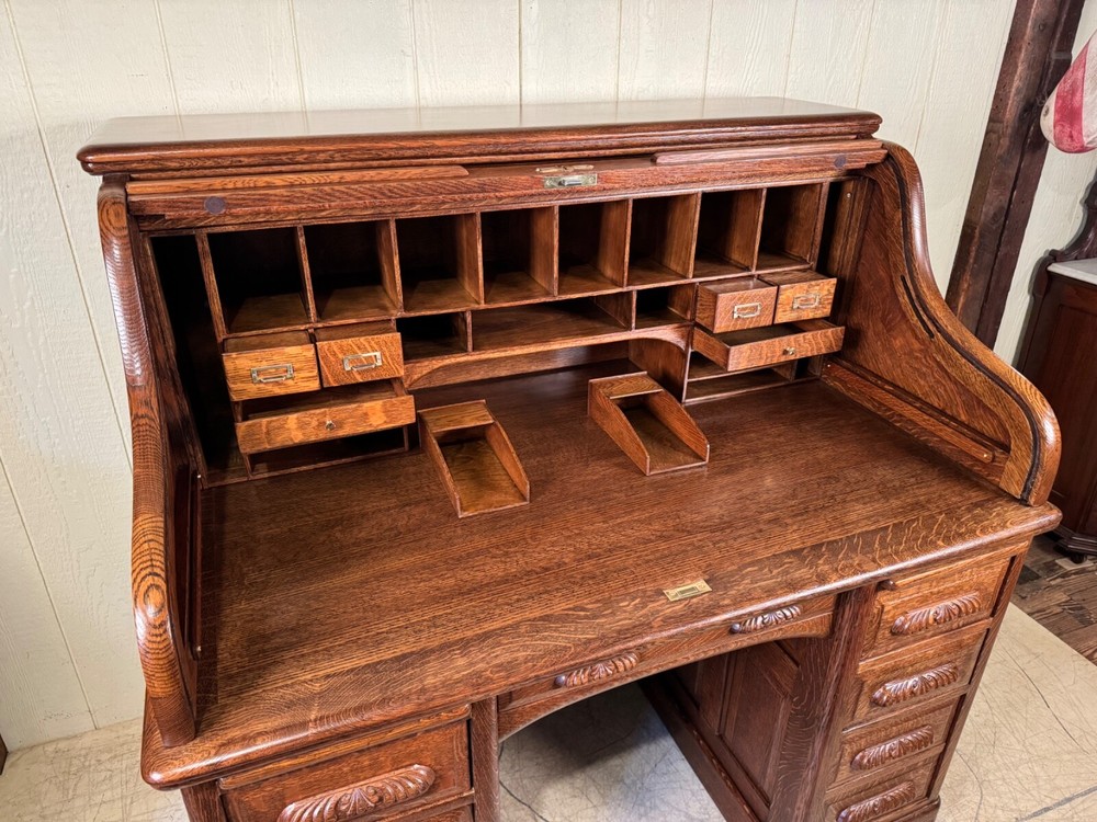 Antique Oak 50" Raised Panel S-Roll Top Desk with Carved Pulls