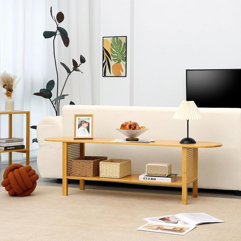 Bamboo TV Stand Rattan Design Ample Storage Multi-Functional Easy Assembly New