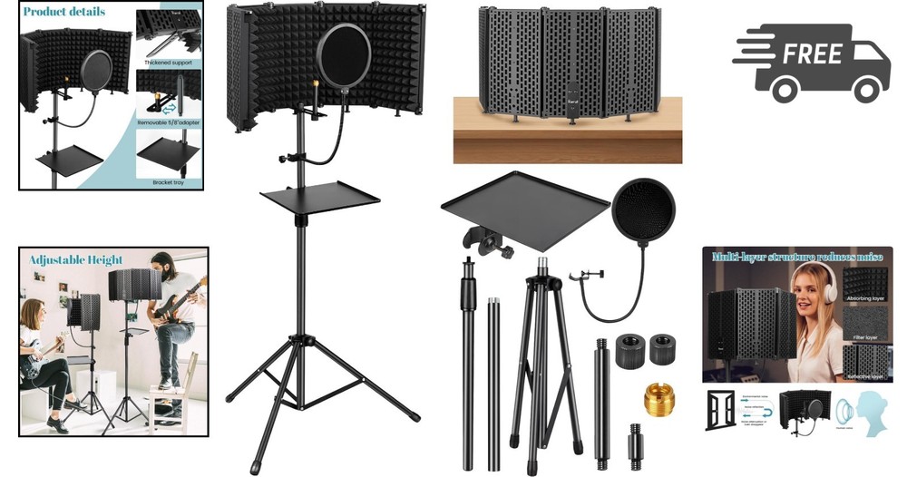 Microphone Stand With Isolation Shield Pop Filter Studio Equipment Tripod