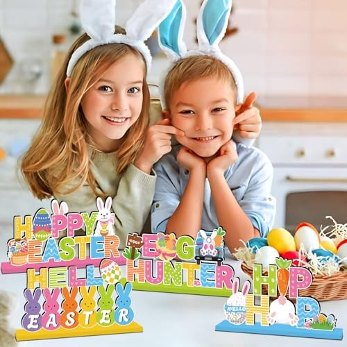 4Pcs Easter Decorations Wooden Table Centerpiece Happy Easter Table
