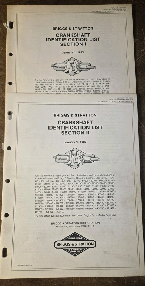 BRIGGS & STRATTON CRANKSHAFT IDENTIFICATION LIST SECTIONS 1&2 1982