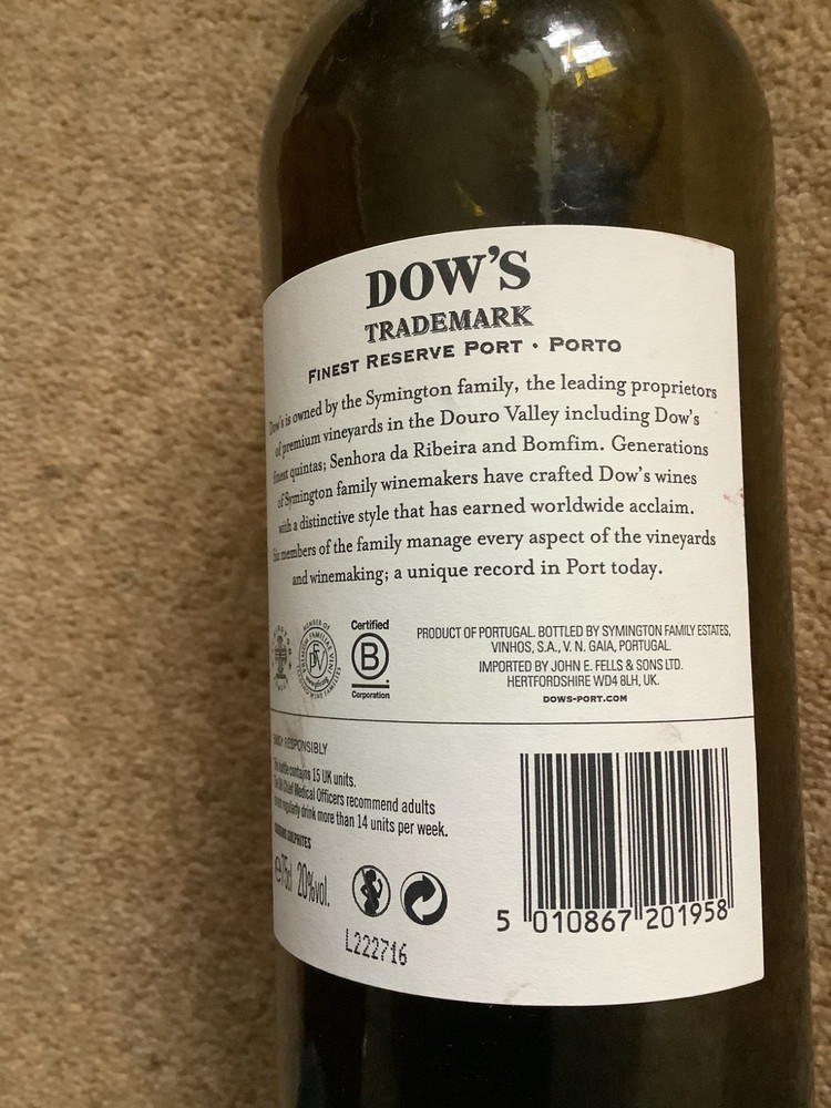 Empty Dow's Finest Reserve Port Bottle 75 cl