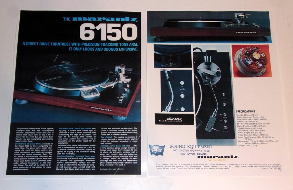 Marantz Audio Brochure '77 Turntable 6150 Info 2 pg, Specs, Article