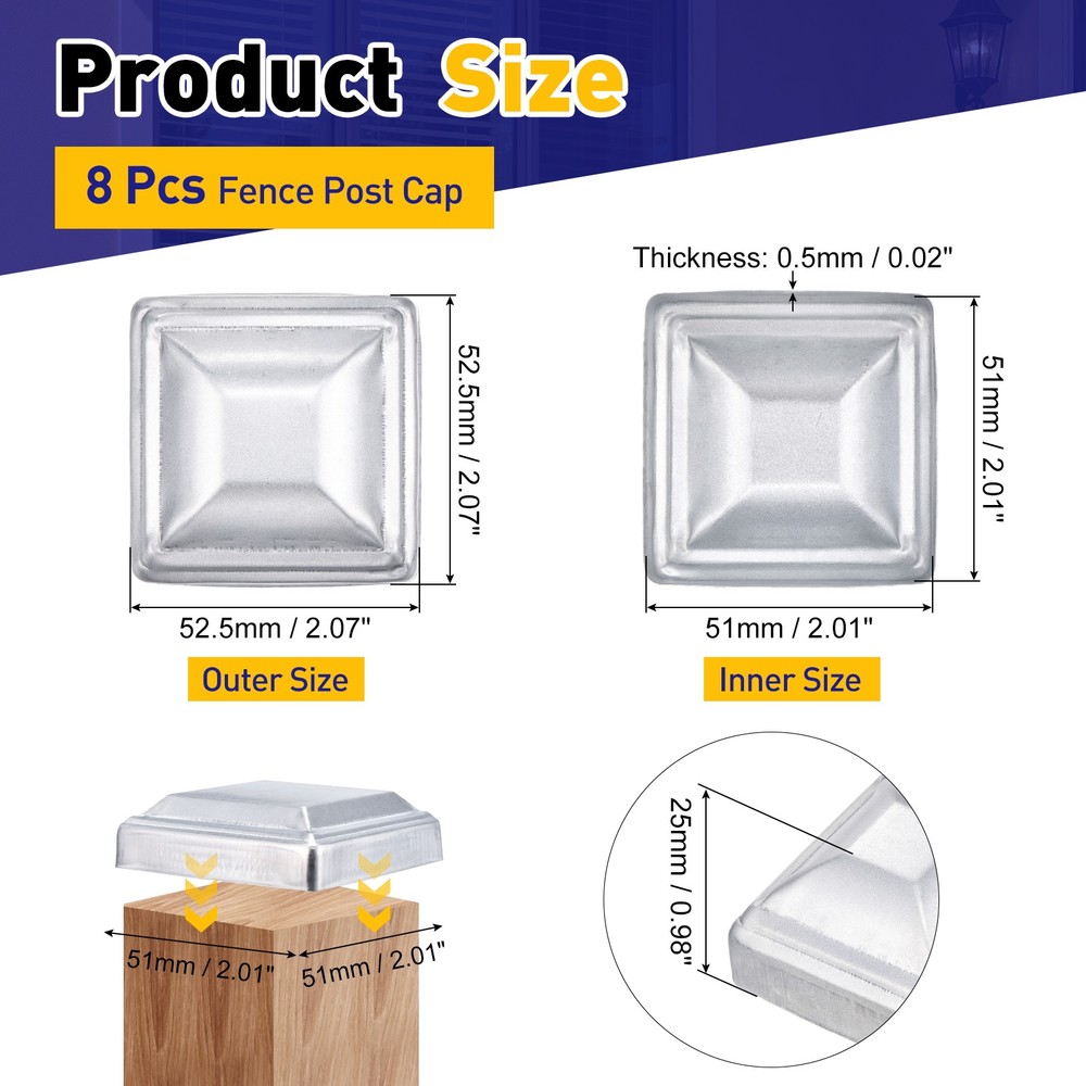 8Pcs Fence Post Cap, Galvanized Deck Post Caps Fit 2" x 2" Pipe, Silver