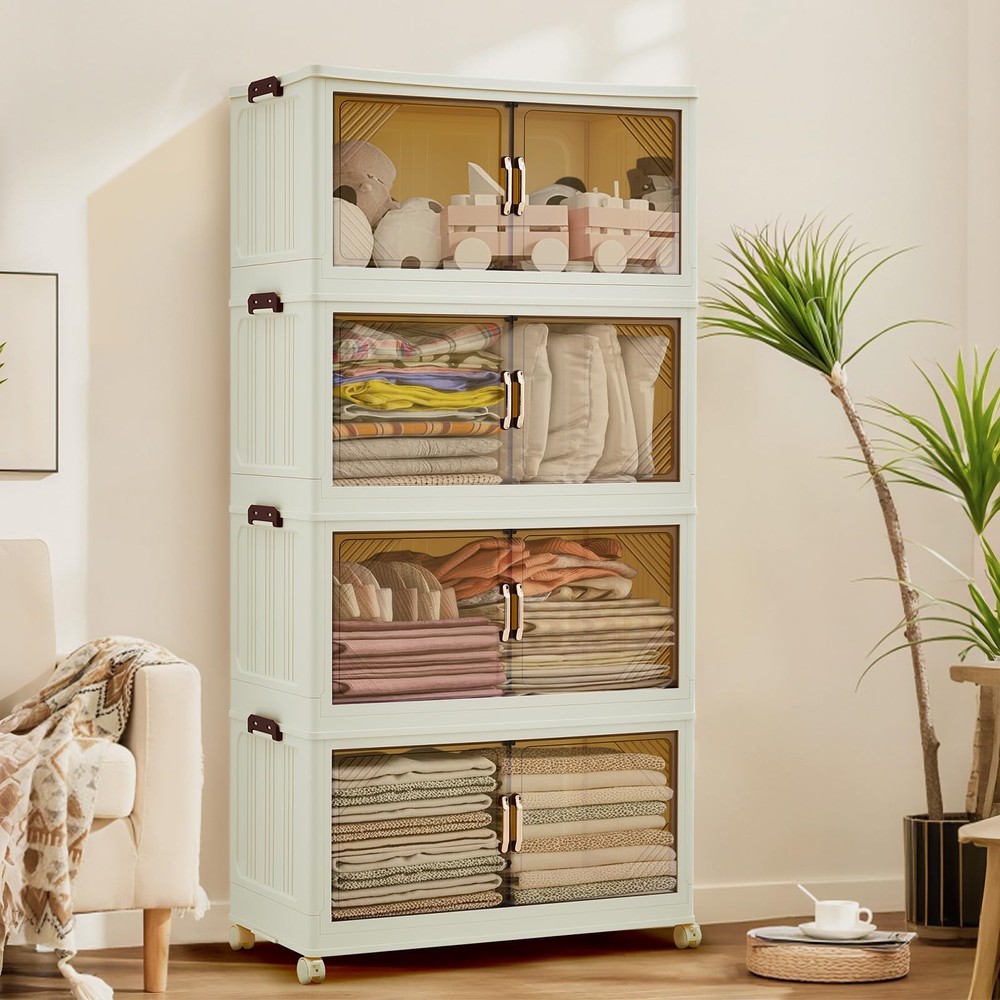 192QT Stackable Storage Bins, Folding Storage with Magnetic Doors & Wheels, L...