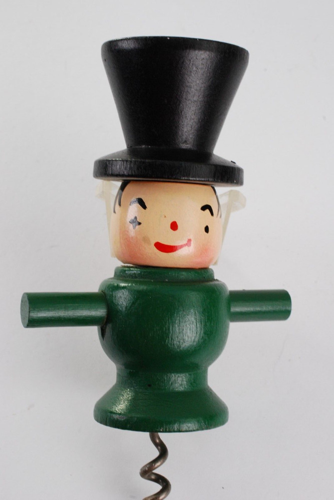 Top Hat Corkscrew Figural Man Barware Wooden Bare tool MCM