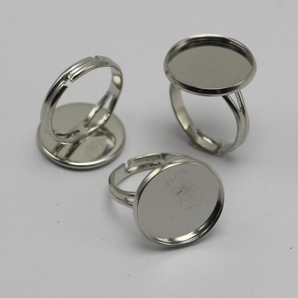 20 Silver Tone Adjustable Ring Round Blank Cabochon Pad Bezel Setting Cup 16mm