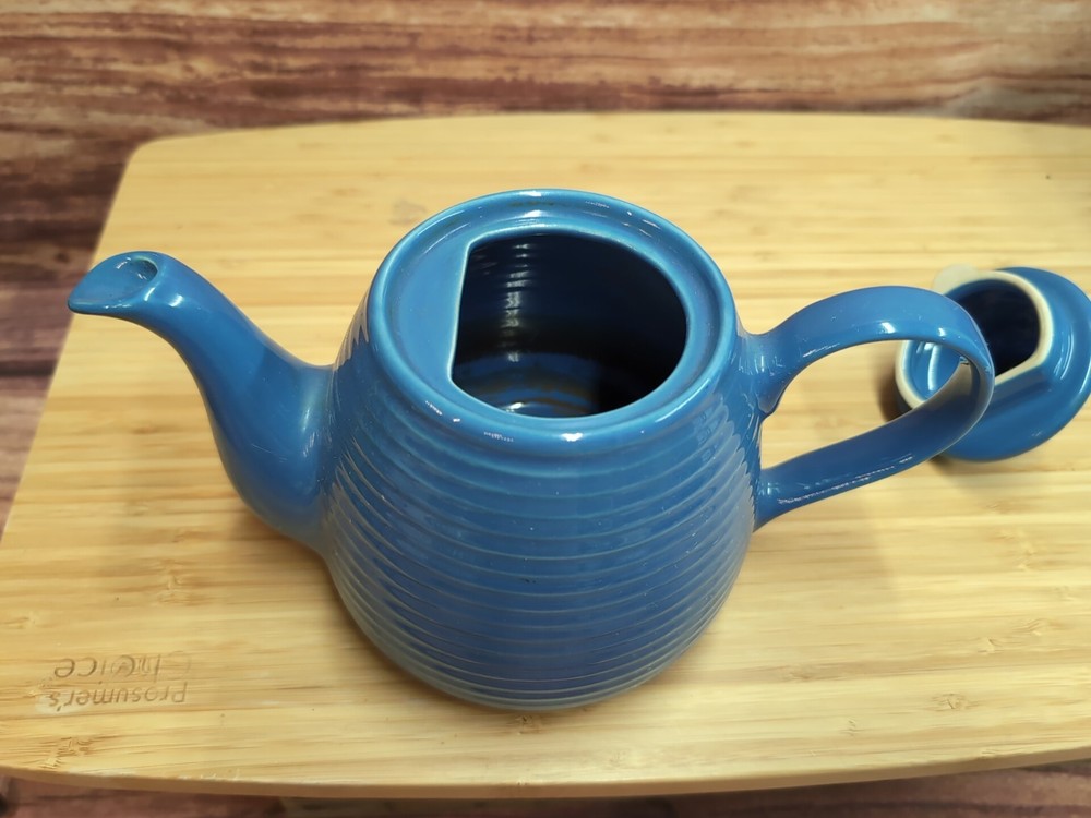 BLUE Rayware Teapot Ribbed Ceramic Pottery