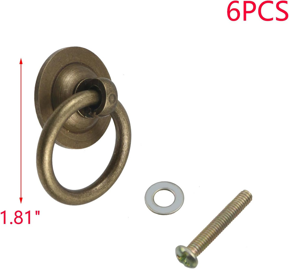6PCS Antique Brass Cabinet Ring Pulls Vintage Drop Ring Pulls Handles Decorative