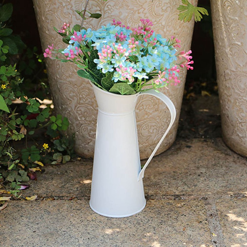White Tin Coffee Pot Desktop Flower Vase 20cm High Table Decor