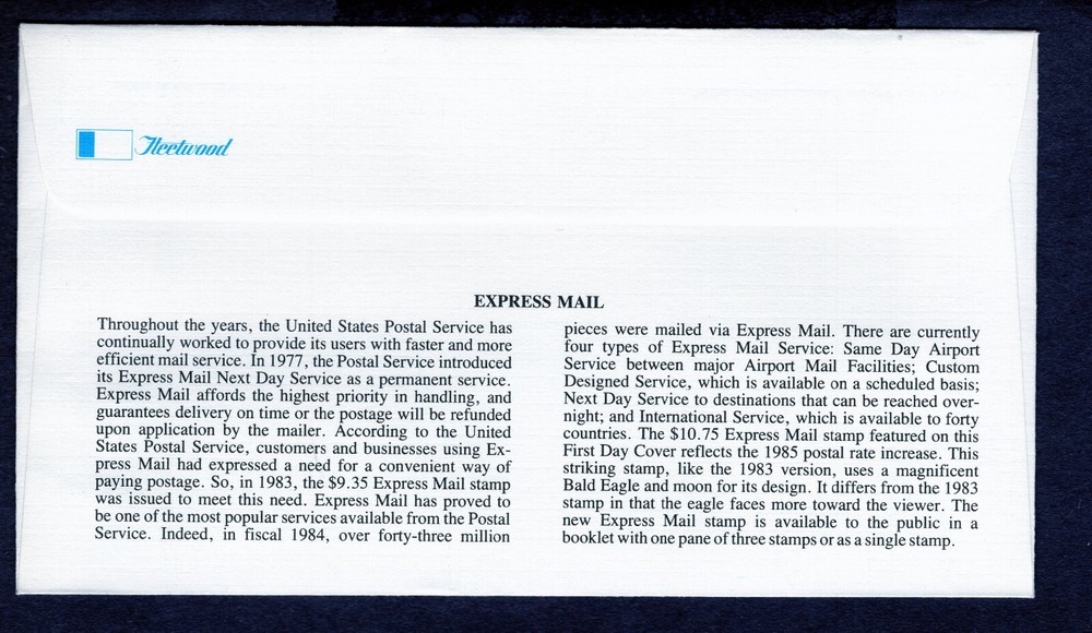 1985 Stamp #2122 Pair Express Mail FDC Fleetwood
