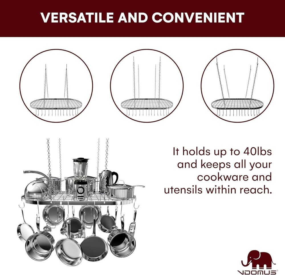 Hanging Pot Rack - Ceiling Mount Kitchen Organizer for Pots and Pans with 15 Hoo