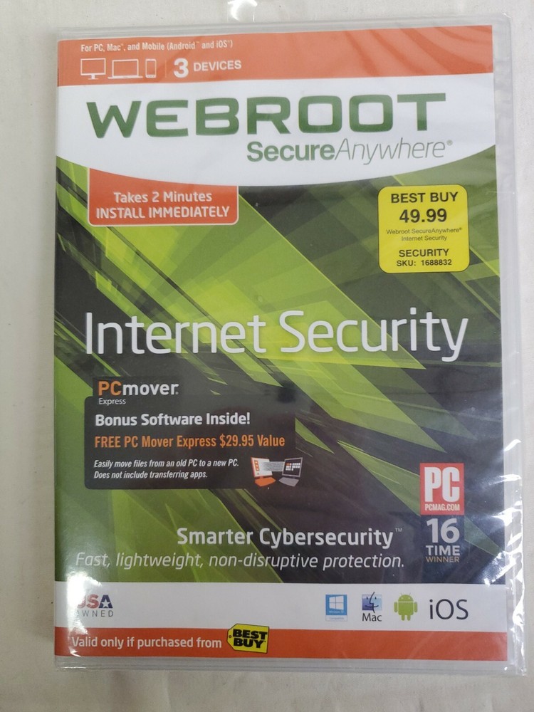 Webroot Secure Anywhere Internet Security 3 Devices for PC/MAC/Mobile NEW/SEALED