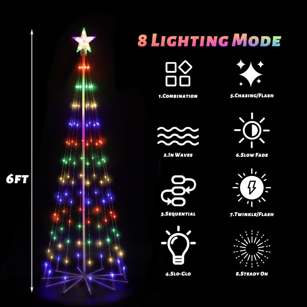 Outdoor 6ft Lighted Christmas Tree LED Tree Solar Powered, Multicolor