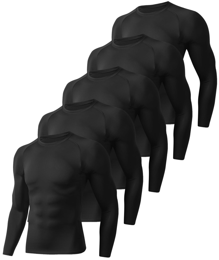 5 Pack Long Sleeve Compression Shirts for Men - Black Quick Dry Workout Base ...