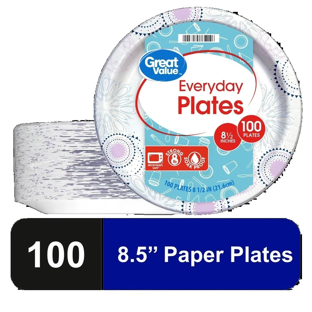Great Value Disposable Paper Plates, 8.5", 100 Count