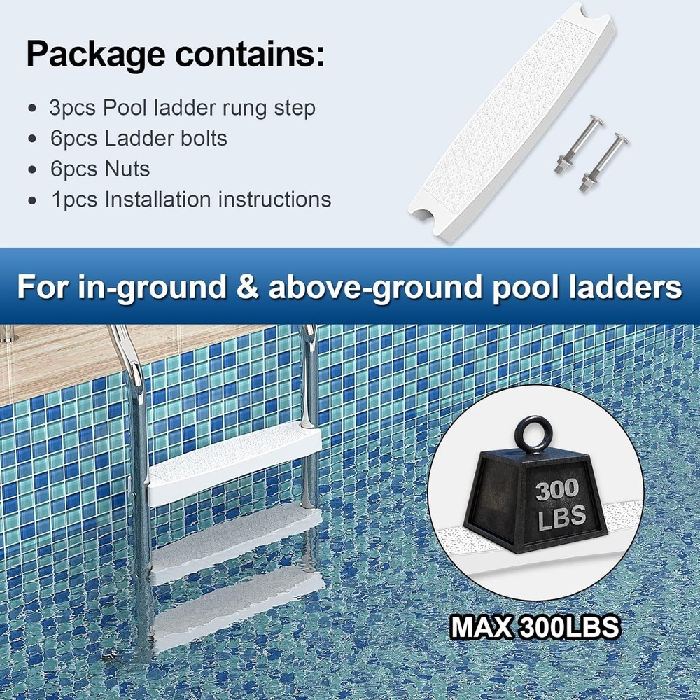 Pool Ladder Steps Replacement, 3-Pack 18" Universal Heavy-Duty Molded Plastic...