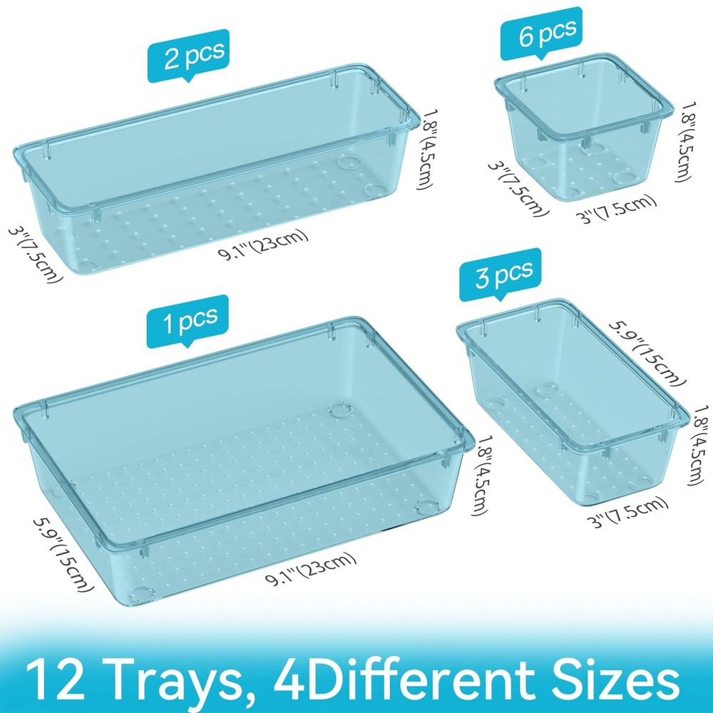 12Piece Drawer Organizer Set Versatile Plastic Storage for Makeup, Office,